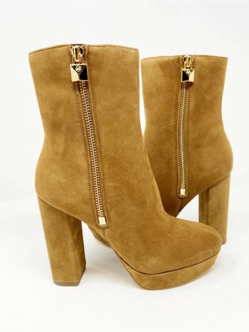 Michael Kors Amber Platform Suede Ankle Boots in Camel with Gold Zip